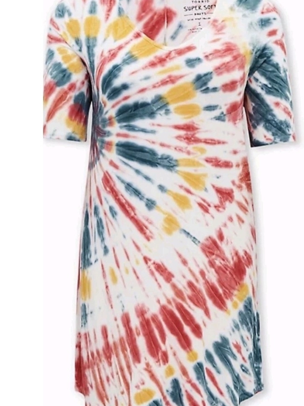 torrid White Tie-Dye V-Neck Midi Dress with Red, Yellow & Teal